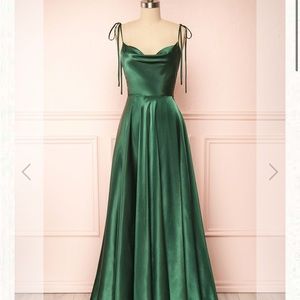 1861 - Moira Dress with cowl neck in green with high slit. Size small.